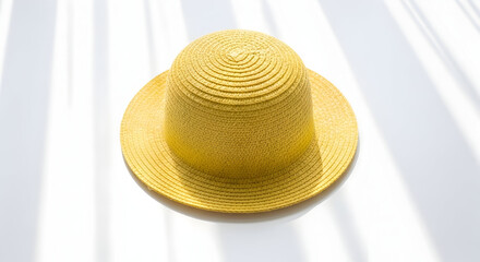 Elegant wide-brimmed yellow sun hat with textured design and smooth curves displayed on a reflective surface under bright natural light for summer fashion accessory