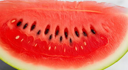 Close-up of a fresh juicy watermelon slice showcasing vibrant red flesh with black seeds and a green rind in a high-resolution image perfect for summer themes and healthy eating promotions