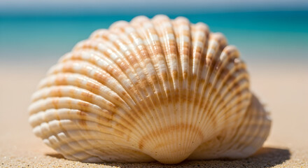 Close-up of a beautiful seashell resting on sandy beach with blurred ocean background perfect for marine life nature travel and relaxation themes