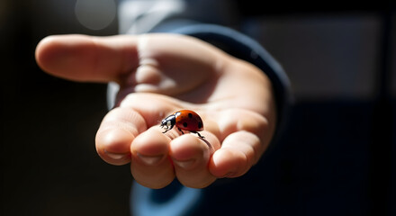 Close-up of a person's hand gently holding a ladybug on the palm with a blurred background emphasizing nature and insect interaction for educational or environmental themes