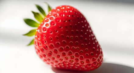Close-up of a fresh ripe red strawberry with green leaves on a white background perfect for healthy food and fruit product advertisements and culinary use