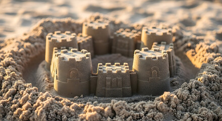 Beautiful detailed sandcastle built on a sandy beach with intricate towers and walls showcasing creative craftsmanship and perfect for summer vacation themes and seaside leisure activities