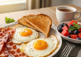 A hearty breakfast with eggs, bacon, toast, and fruit is served