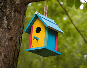 bird house on a tree, A homemade birdhouse painted in bright colors, hanging from a tree branch.