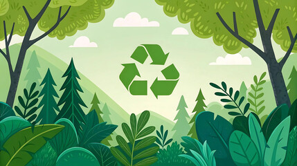 Illustration of a green recycle icon floating above a forest of stylized trees, promoting sustainability and environmental awareness.
