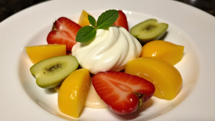 Whipped Cream Topped Strawberry & Kiwi Fruit Dessert on White Plate