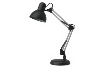 Black desk lamp featuring flexible arm, casting directional illumination against clean white surface, ideal for home office lighting needs