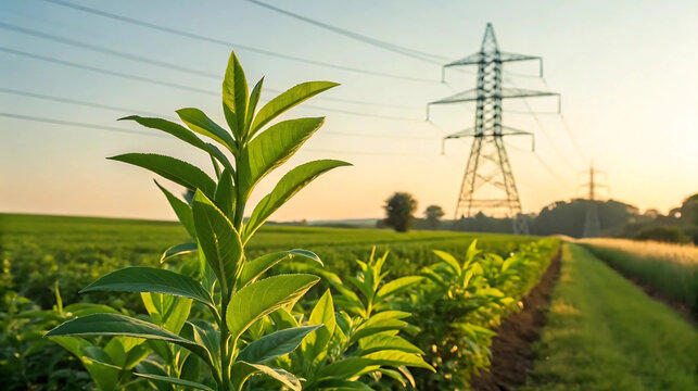 Close-up of green crop plants growing in a field with power pylons in the background under golden sunset light. - Powered by Adobe