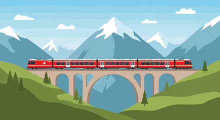 Experience Switzerland by rail, explore scenic mountain views from a modern red train