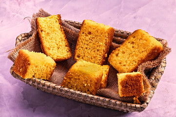 Homemade Cornbread Squares in Rustic Basket