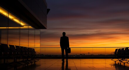 Silhouette of Businessman at Sunset Airport Rooftop