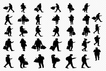 Collection of diverse black silhouettes depicting people shopping and using mobile phones.