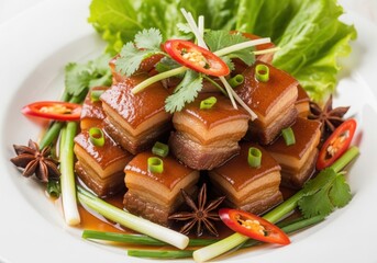 A plate of braised pork belly is presented with fresh vegetables