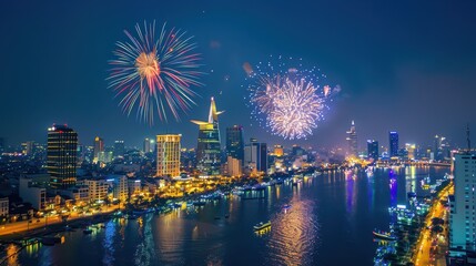 Vietnam national day celebration with fireworks over city skyline at night