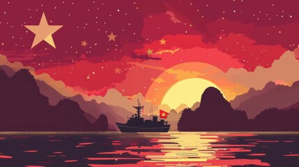 Celebrating vietnam national day with scenic sunset and majestic landscape. Independence Day of Vietnam. Flat illustartion. Horizontal banner. Copy space