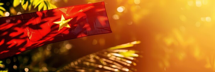 Bright celebration of vietnam national day with vibrant flag and sunlight. Independence Day of Vietnam. Horizontal banner. Copy space. Flag of Vietnam