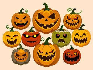 Assortment of Halloween Pumpkins with Various Expressions on a Light Background Perfect for Spooky Season
