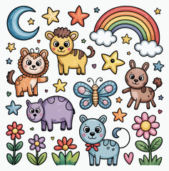 Naklejka premium A funny cartoon animal set with vector illustrations of a cute baby dog, cat, and other zoo pets