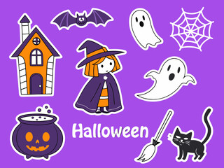 Cute Halloween Stickers Witch Ghost Bat Cat House Cauldron and Cobweb on Purple Background