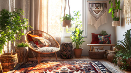 A modern luxury living room inside a house features a sofa, classic furniture, and a fireplace with a view from the window