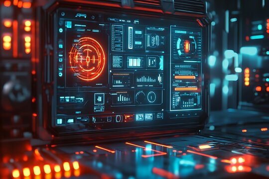 A control panel interface floating mid-air with touch-sensitive holographic widgets and neon buttons 