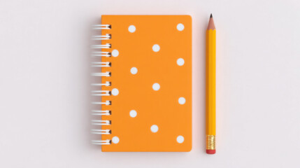Orange notebook pencil school start concept with white polka dots on cover and clean background for education or writing ideas
