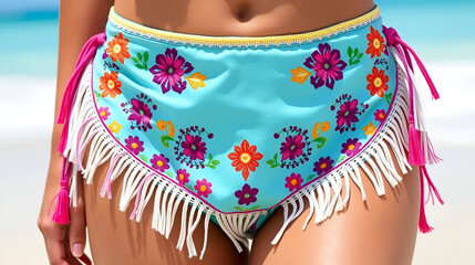 Colorful embroidered fringe bikini bottoms with tassels in bohemian style