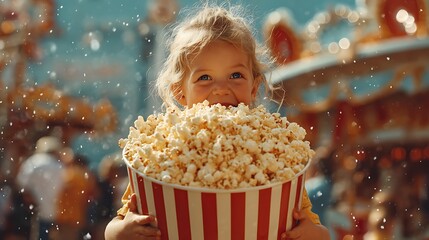 Young child holding an oversized tub of popcorn with a big smile at a sunny carnival festival event