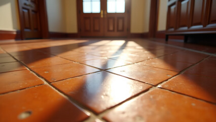 Sunlit terra cotta tiled floor in a home hallway interior, midday