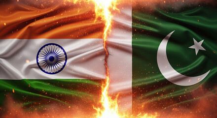 Split Canvas with Flowing India and Pakistan Flags Divided by Burning Crack and Fire Particles JPG