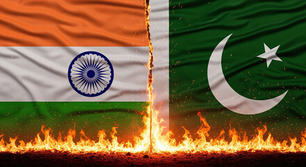 Fabric Flags of India and Pakistan Split Down Center With Fire and Rising Embers Dramatic Scene JPG