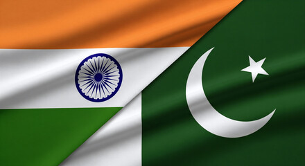 India and Pakistan Flags With Soft Cloth Texture Meeting at Center With Shadow Line JPG