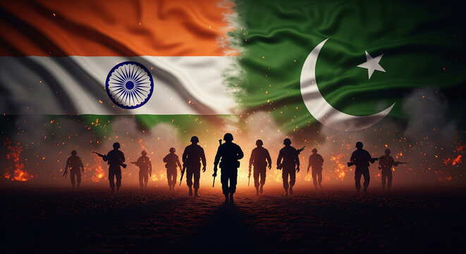 India and Pakistan Flags Split Behind Black Soldier Silhouettes in Dark Battlefield Scene With Sparks and Smoke JPG - Powered by Adobe