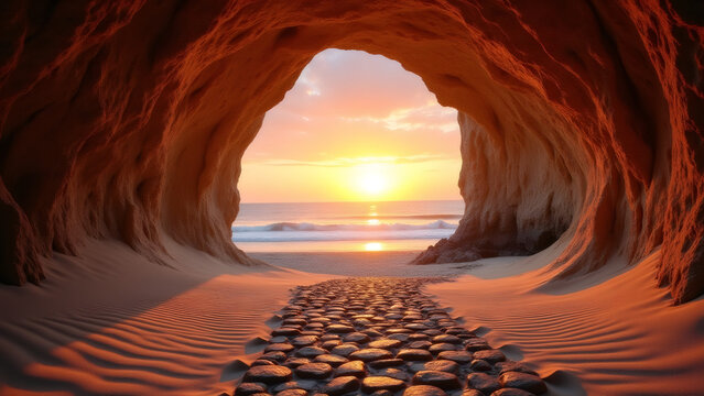 Cave opening leading to beach at sunset in exotic coastal sandscape