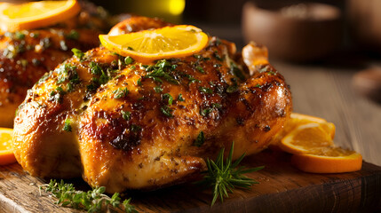 Roasted chicken with orange and herbs resting on cutting board