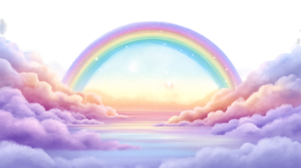 Magical rainbow archway through dreamy clouds isolated on transparent background
