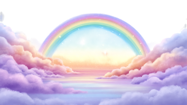 Magical rainbow archway through dreamy clouds isolated on transparent background