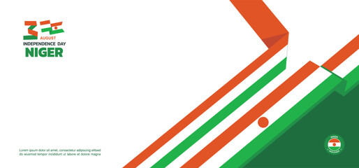Geometric minimalist niger Independence Day design, August 3rd design element template with waving ribbon flag on the right, niger map and flag