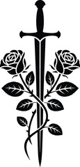 Elegant silhouette artwork featuring a sword intertwined with two blooming roses for design elements
