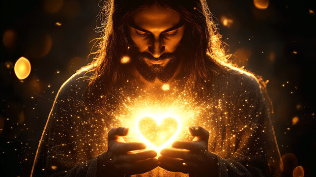 Abstract backdrop with Jesus centered, glowing heart illuminating His hands and face in warm tones