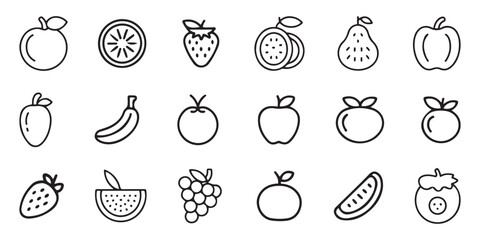 Collection of Black and White Line Drawings of Various Fruits Including Apples Bananas Strawberries and More