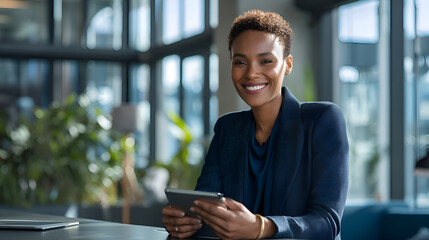 Smiling black businesswoman using digital tablet in modern office