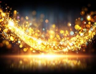 Obraz premium Golden glowing ribbon against dark bokeh background
