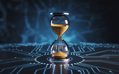 Time in Digital World: An elegant hourglass, gracefully displaying the passage of time amidst a cutting-edge technological backdrop, illustrating the intersection of time and digital innovation.