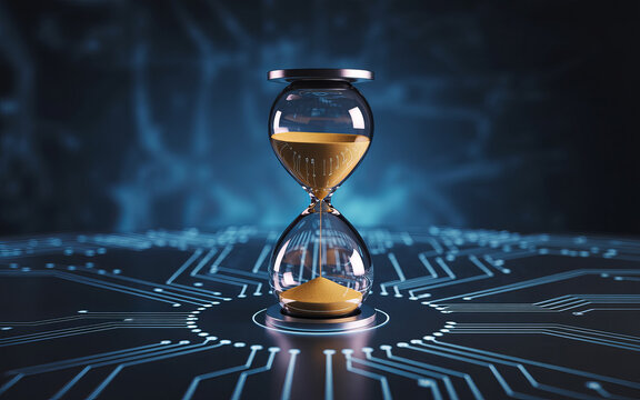 Time in Digital World: An elegant hourglass, gracefully displaying the passage of time amidst a cutting-edge technological backdrop, illustrating the intersection of time and digital innovation.