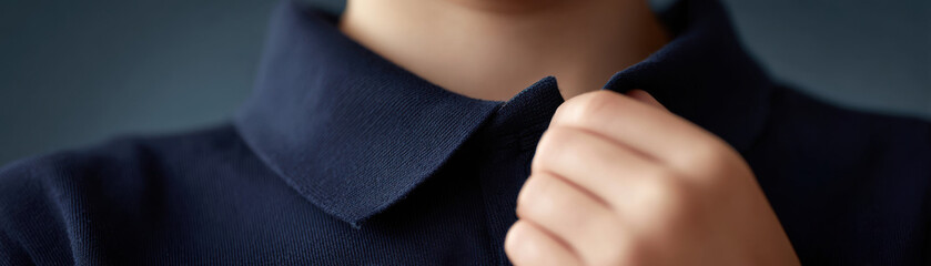 School start concept with close up of child adjusting navy blue collar shirt showing preparation and focus for new academic year