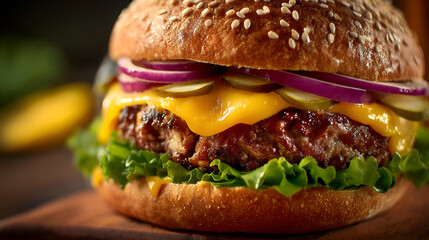 Delicious cheeseburger showing sesame bun, beef patty, pickles, red onions, lettuce, and cheese