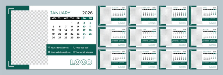 2026 calendar template. Corporate and business calendar.  The week starts on Monday. Set of 12 calendar pages.