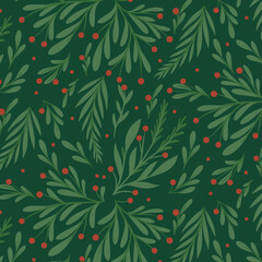 Classic Christmas Greenery Seamless Pattern &ndash; Festive Leaves and Red Berries