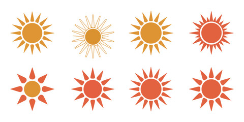Eight stylized sun icons in orange and gold tones varying in ray style and color saturation presented on a white background simple